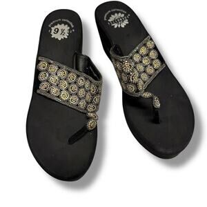 Yellow Box Black Embellished Wedge Flip Flops‎ Bling 9.5
